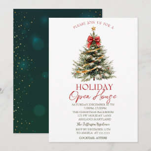 Christmas Pine Tree Stars Green Holiday Open House Invitation