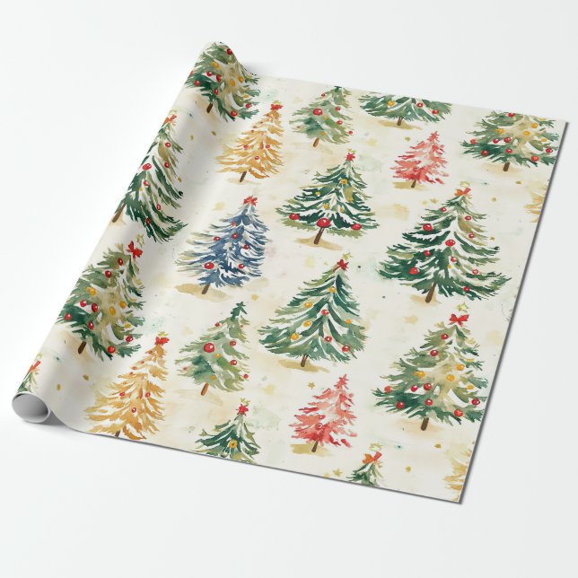 Christmas Pine Trees Colourful Pattern Wrapping Paper (Unrolled)