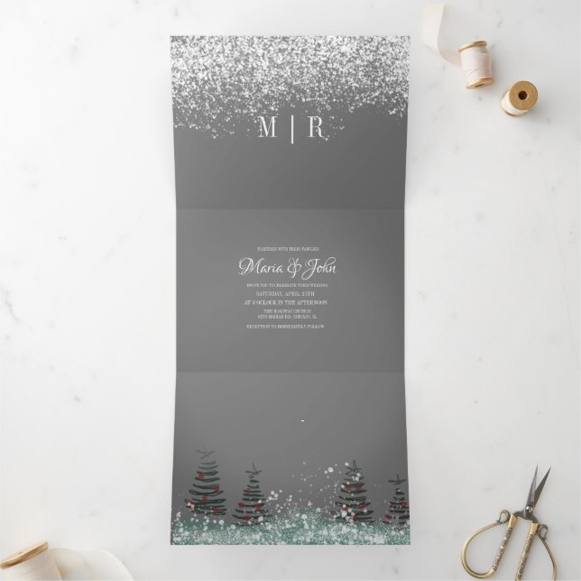 Christmas Pine Trees Snow Scene Wedding Tri-Fold Invitation (Inside)
