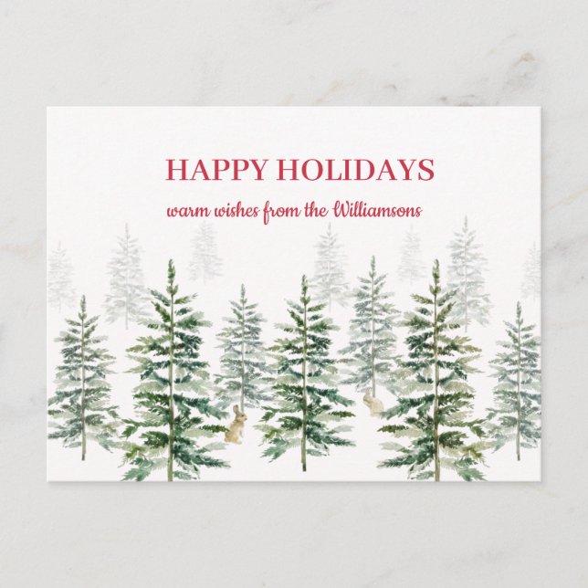 Christmas Pine Trees Watercolor Happy Holiday Card (Front)