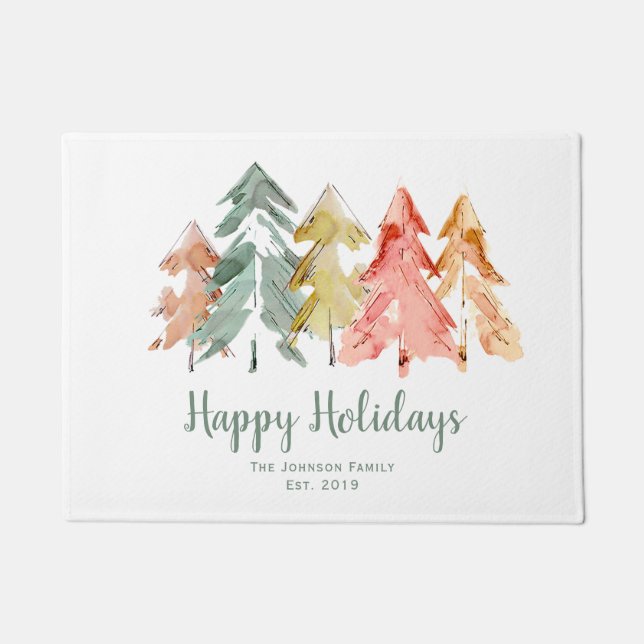Christmas Pine Trees Watercolor Personalised Doormat (Front)