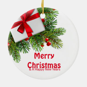 Christmas Pine Trees with White Present Red Bow Ceramic Tree Decoration