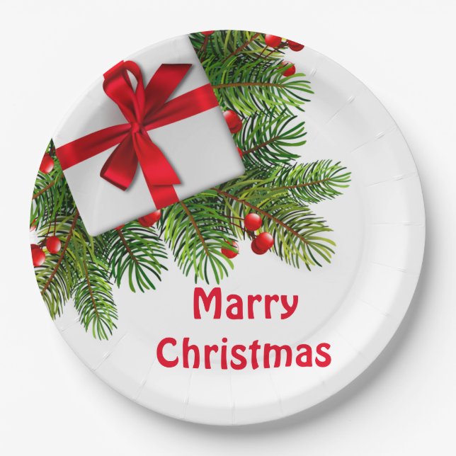 Christmas Pine Trees with White Present Red  Paper Plate (Front)