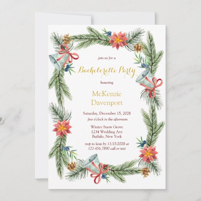 Christmas Pine Wedding Bells Bachelorette Party Invitation (Front)