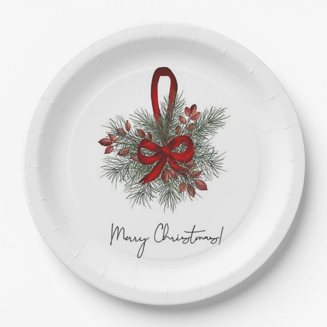 Christmas Pine with Red Bow Paper Plate (Front)