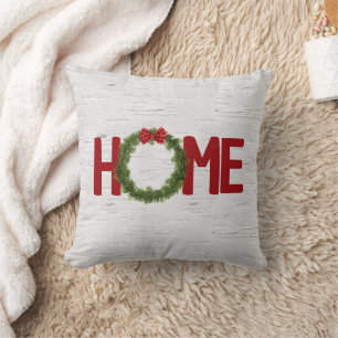 Christmas Pine Wreath and Home Text On Birch Cushion