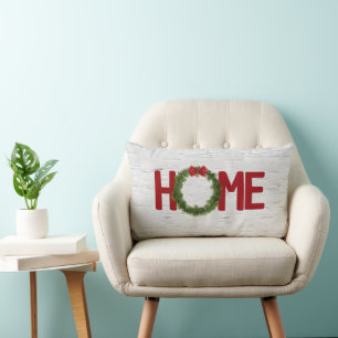 Christmas Pine Wreath and Home Text On Birch Lumbar Cushion