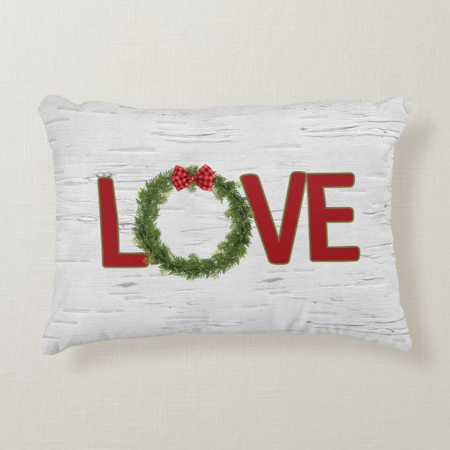 Christmas Pine Wreath and LOVE Text On Birch Decorative Cushion (Front)