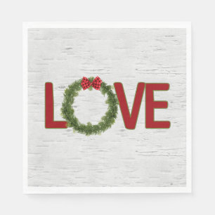 Christmas Pine Wreath and LOVE Text On Birch Napkin