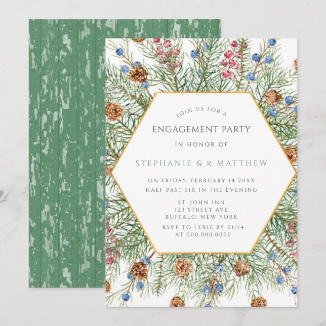 Christmas Pine Wreath Gold Engagement Party Invitation (Front/Back)