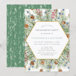 Christmas Pine Wreath Gold Engagement Party Invitation