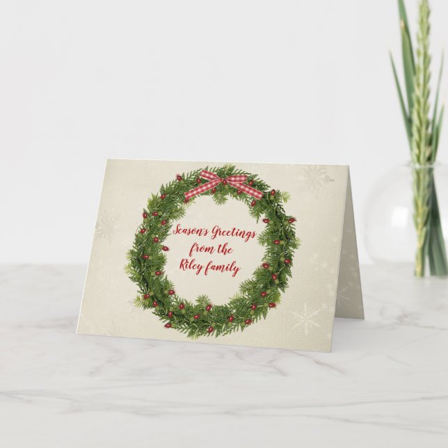 Christmas pine wreath with red lights and bow card (Front)