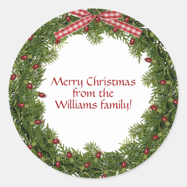 Christmas pine wreath with red lights classic round sticker (Front)