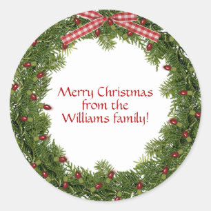 Christmas pine wreath with red lights classic round sticker