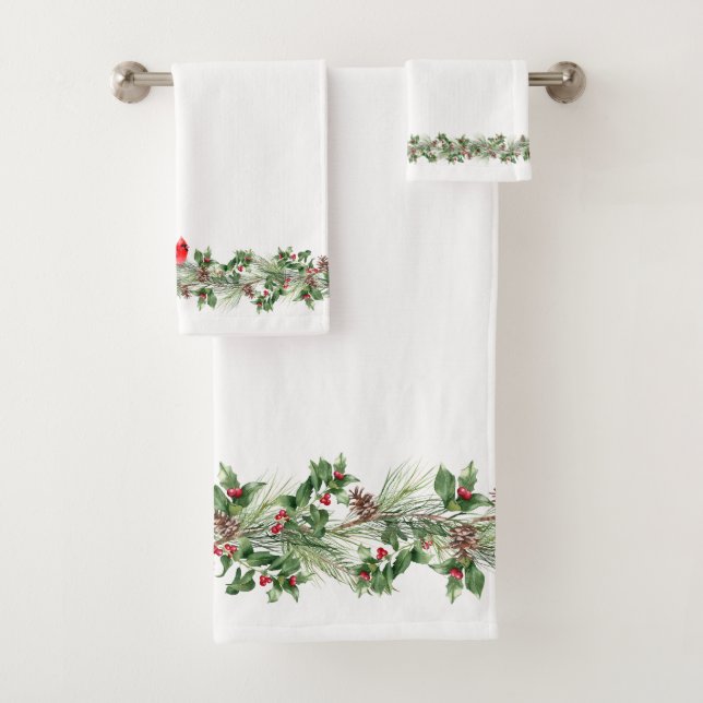 Christmas Pinecone and Holly Garland  Bath Towel Set (Insitu)