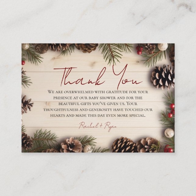 Christmas Pinecone Berries Wood Thank You Enclosure Card (Front)