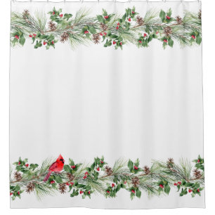 Christmas Pinecone & Holly Berry White Shower Curtain