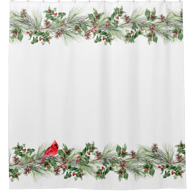 Christmas Pinecone & Holly Berry White Shower Curtain (Front)