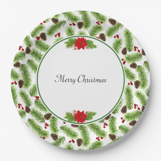 Christmas Pinecones & Red Berries Paper Plate (Front)