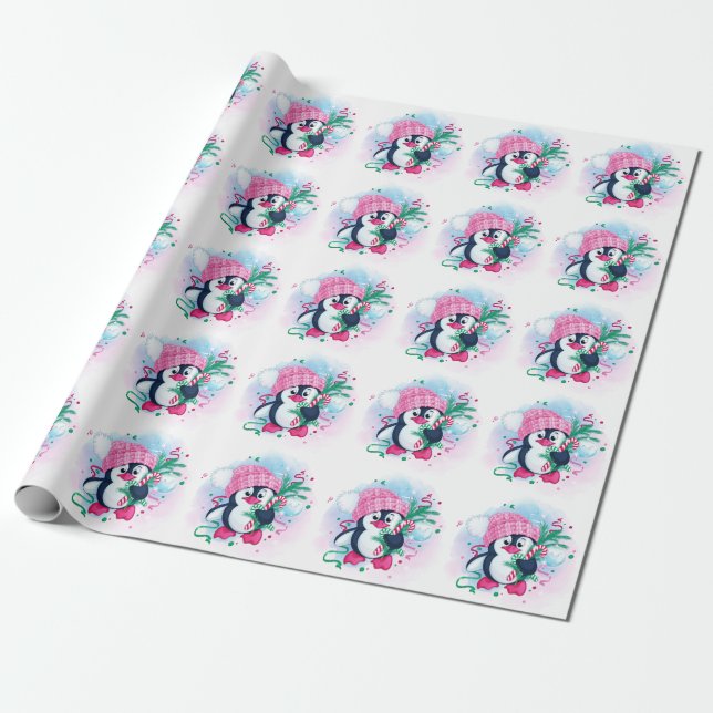 Christmas Pinguin Pink Hat Watercolor Holiday Wrapping Paper (Unrolled)