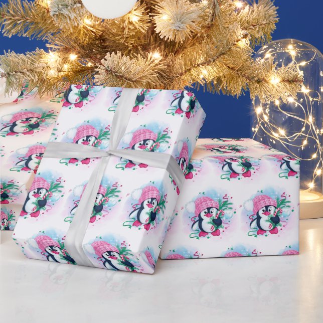 Christmas Pinguin Pink Hat Watercolor Holiday Wrapping Paper (Holidays)