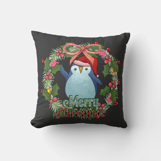 CHRISTMAS PINGUIN WITH WREATH  CUSHION (Front)