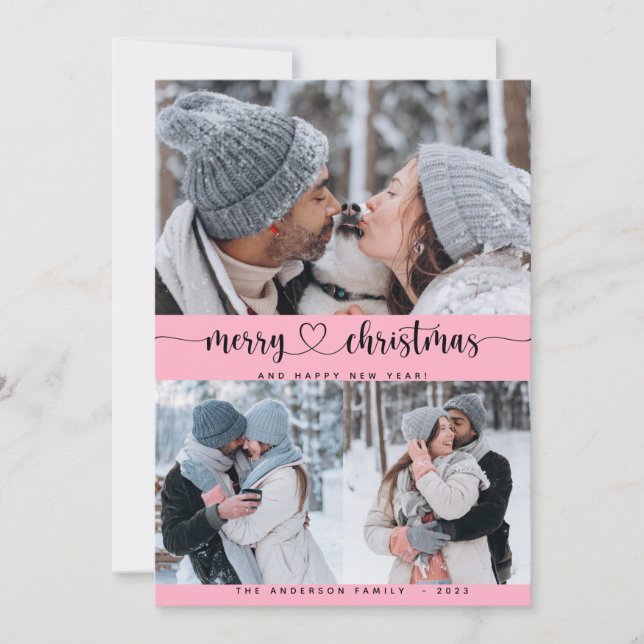 Christmas Pink 3 Collage Multi Photo Holiday Card (Front)