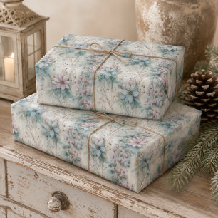 Christmas Pink and Blue Poinsettia Floral  Wrapping Paper Sheet