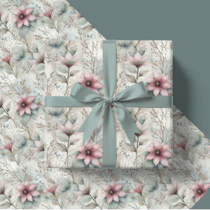 Christmas Pink and Silver Poinsettia Floral  Wrapping Paper