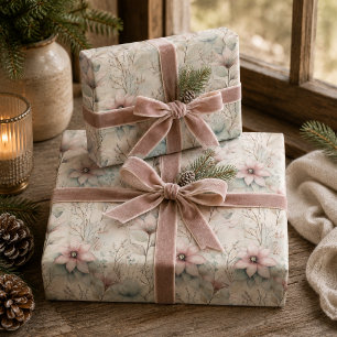 Christmas Pink and Silver Poinsettia Floral Wrapping Paper Sheet