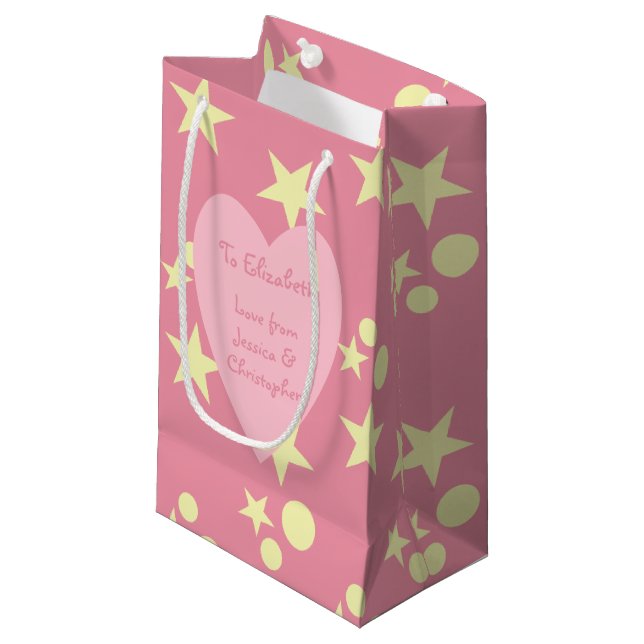 Christmas pink and yellow with stars and snowman small gift bag (Front Angled)