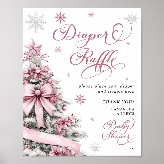 Christmas Pink Baby Shower DiaperRaffle Sign (Front)