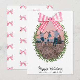 Christmas Pink Bow Coquette Wreath Photo Holiday Card