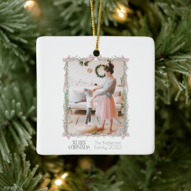 Christmas Pink Bow Green Garland Photo Ceramic Ornament (Tree)
