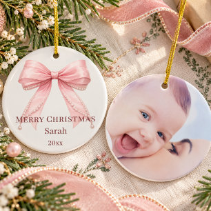Christmas pink bow photo ceramic tree decoration