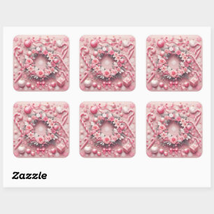 Christmas Pink Candy Canes Balls Wreath Square Sticker