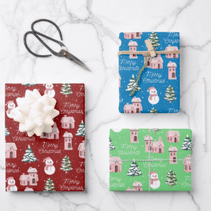 Christmas Pink Cottage Pine Tree Snowy Winter Wrapping Paper Sheet