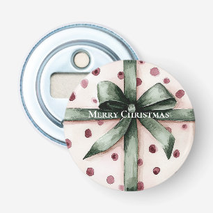 Christmas Pink Dots Green Ribbon & Bow Bottle Opener