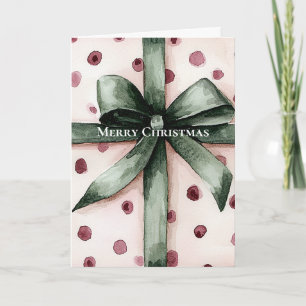 Christmas Pink Dots Green Ribbon & Bow   Card