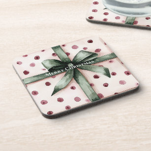 Christmas Pink Dots Green Ribbon & Bow Coaster