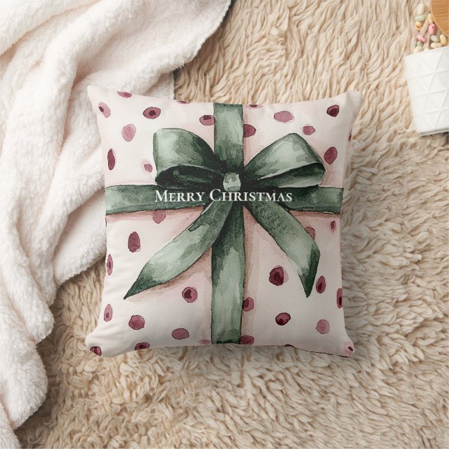Christmas Pink Dots Green Ribbon & Bow   Cushion (Blanket)