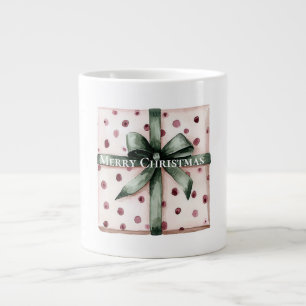 Christmas Pink Dots Green Ribbon & Bow   Large Coffee Mug