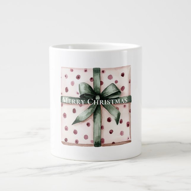 Christmas Pink Dots Green Ribbon & Bow   Large Coffee Mug (Front)