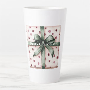 Christmas Pink Dots Green Ribbon & Bow   Latte Mug