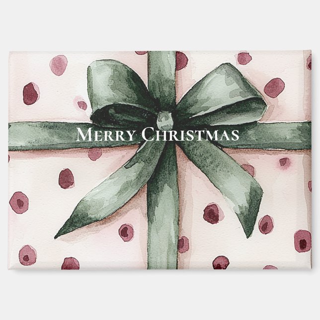 Christmas Pink Dots Green Ribbon & Bow   Magnet (Front)