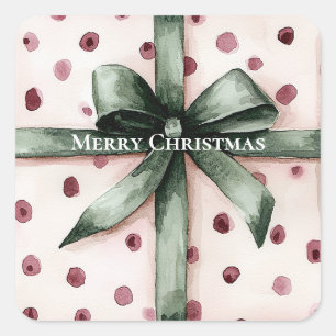 Christmas Pink Dots Green Ribbon & Bow Square Sticker