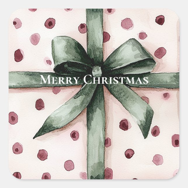 Christmas Pink Dots Green Ribbon & Bow Square Sticker (Front)