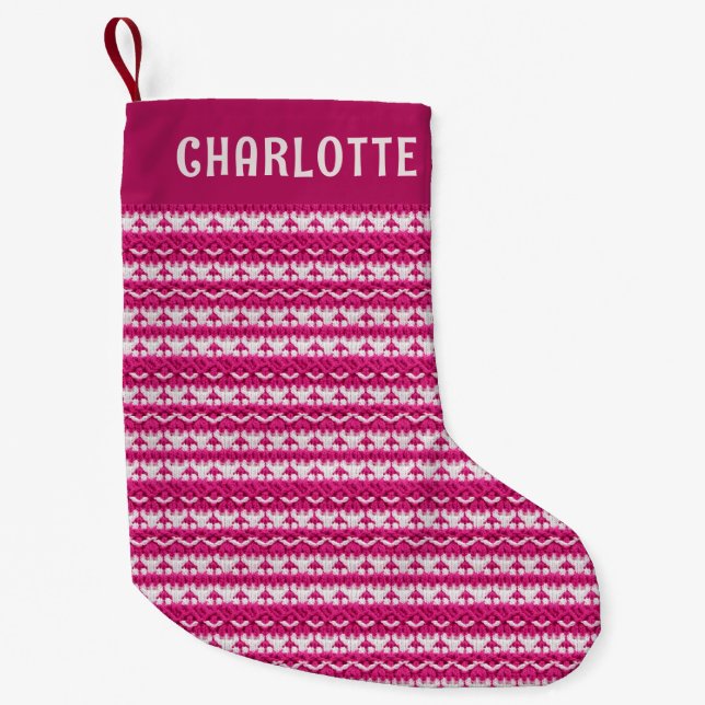 Christmas Pink Faux Knit Pattern Personalised Name Small Christmas Stocking (Front)
