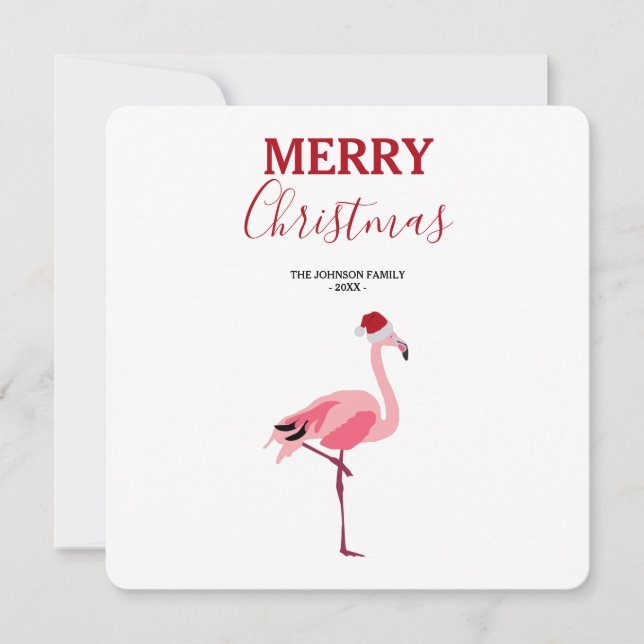Christmas Pink Flamingo Bird with Santa Hat Card (Front)