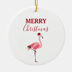 Christmas Pink Flamingo Bird with Santa Hat Ceramic Tree Decoration